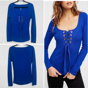 Free People Looking Back Blue Long Sleeve Lace-Up Tee XL